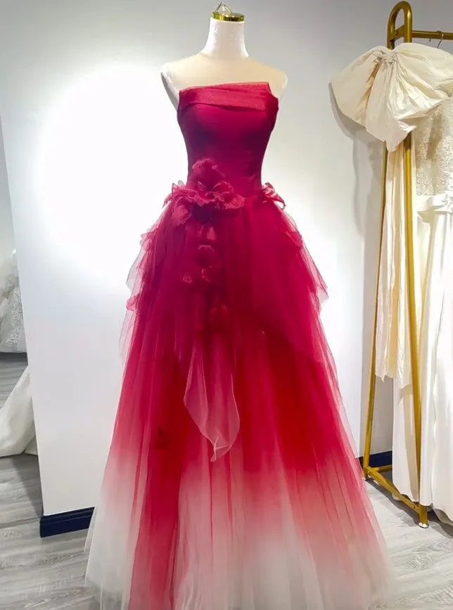 Cute Gradient Tulle Strapless A-Line Long Wedding Dress Evening Gown HZ1108