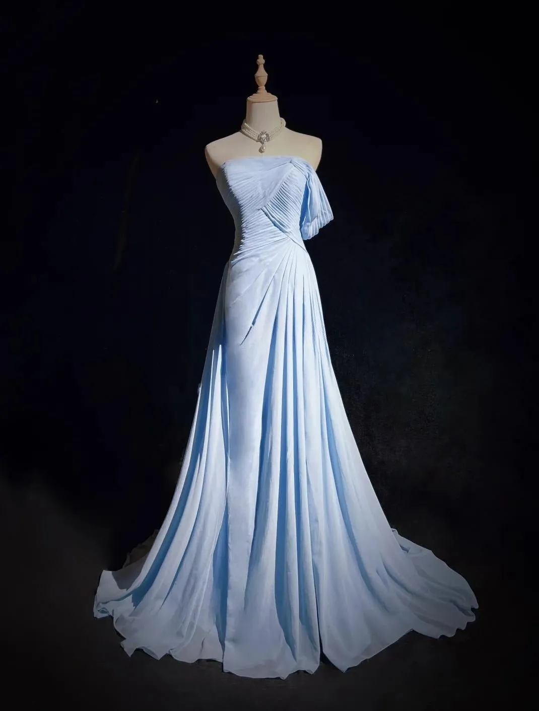 Gorgeous Blue A-line Chiffon Pleated One Shoulder Slit Long Evening Gown Wedding Guest Dress HZ1108