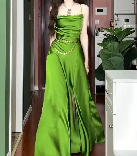 Elegant Green Spaghetti Strap Slit Satin Long Sleeveless Prom Dress Party Pong Evening Dress HZ1108