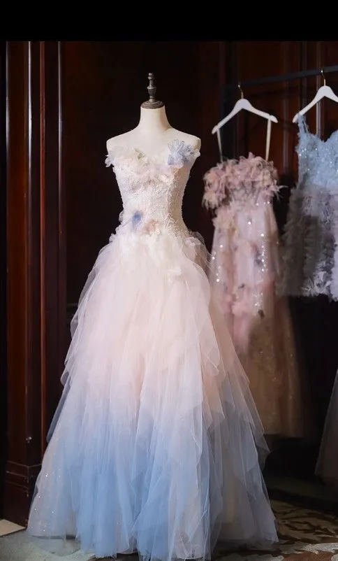Gradient Color Strapless Tulle A-Line Long Birthday Ball Dress Beautiful Wedding Dress HZ1108