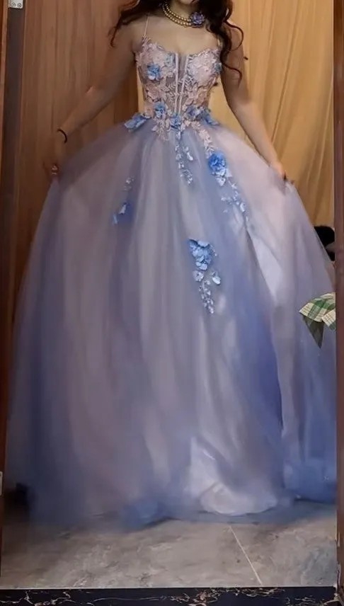 Backless A-Line Spaghetti Strap Tulle Applique Long Prom Dress Sweet Evening Dress HZ1108