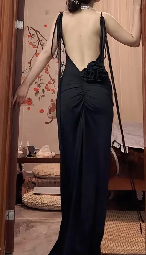 Black Sexy Chiffon Sheath Backless Long Prom Dress Spaghetti Strap Party Dress HZ1108