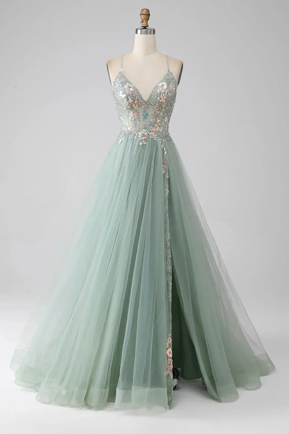 Sweet Green A-Line Tulle Strapless Sequined Long Prom Dresses for Birthday Backless Evening Gowns HZ1108