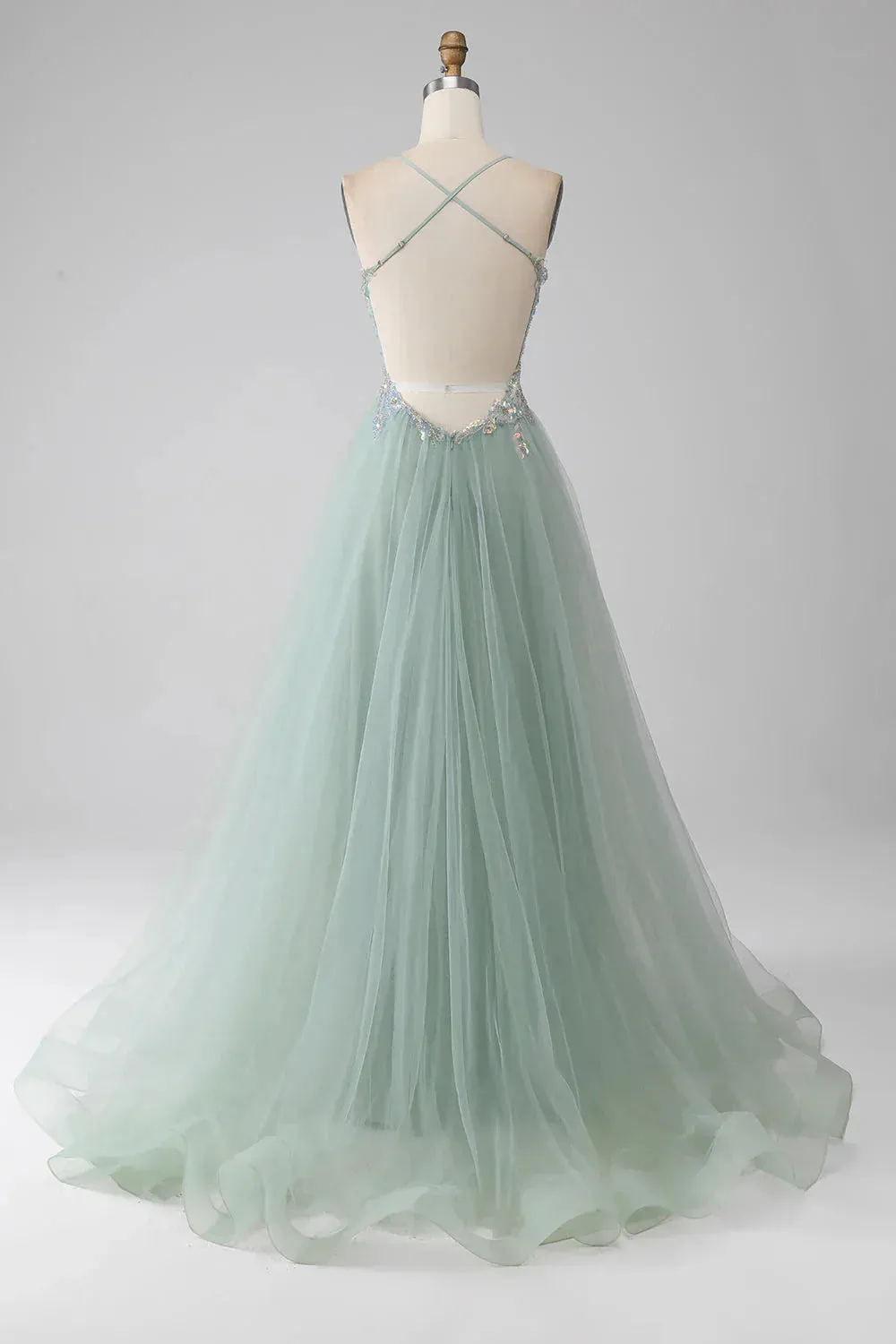Sweet Green A-Line Tulle Strapless Sequined Long Prom Dresses for Birthday Backless Evening Gowns HZ1108 - Image 3