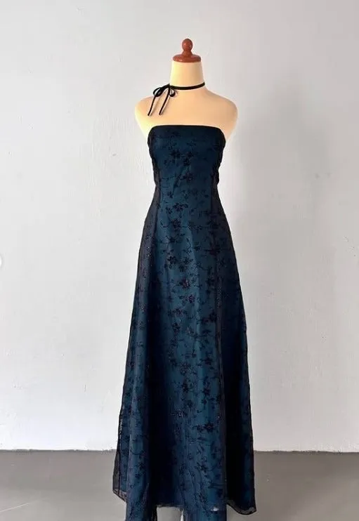 Vintage Strapless Teal Satin Sleeveless Black Tulle Beaded Ball Dress Birthday Evening Dress HZ1108