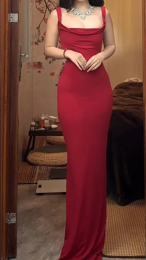 Red Spaghetti Strap Satin Backless Long Bodycon Dress Ball Evening Dress HZ1108