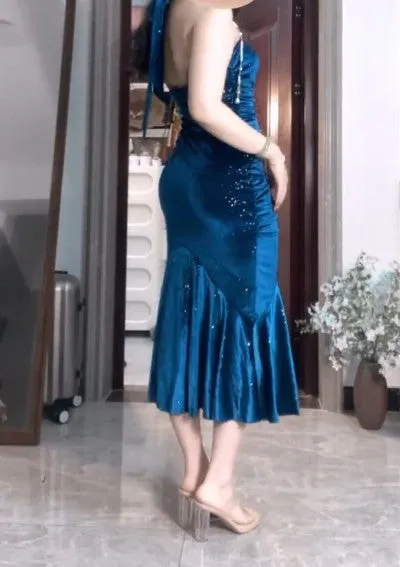 Elegant Blue Pleated Mermaid Satin Open Back Prom Dress Birthday Dress HZ1108