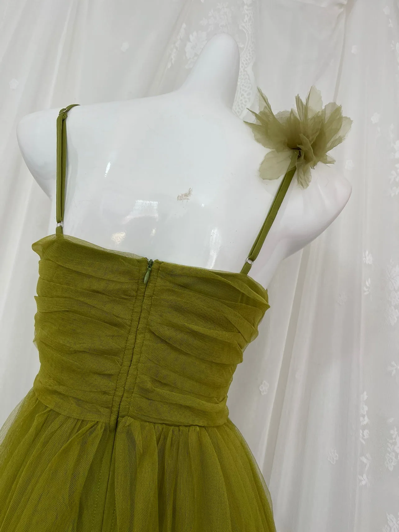A-Line Olive Green Spaghetti Strap Tulle Long Prom Dress Sweet Birthday Evening Dress HZ1108 - Image 4