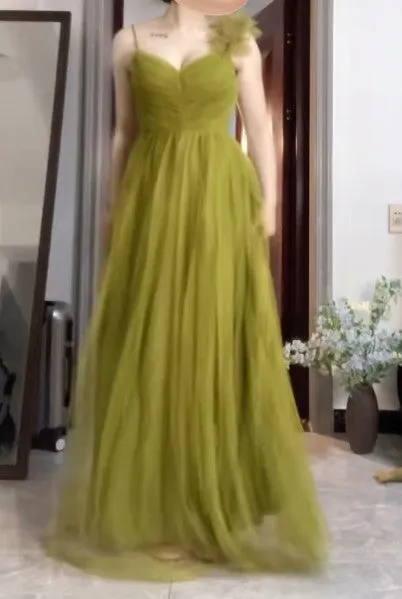 A-Line Olive Green Spaghetti Strap Tulle Long Prom Dress Sweet Birthday Evening Dress HZ1108 - Image 2