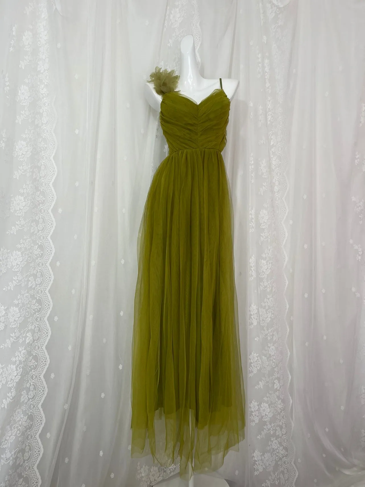 A-Line Olive Green Spaghetti Strap Tulle Long Prom Dress Sweet Birthday Evening Dress HZ1108