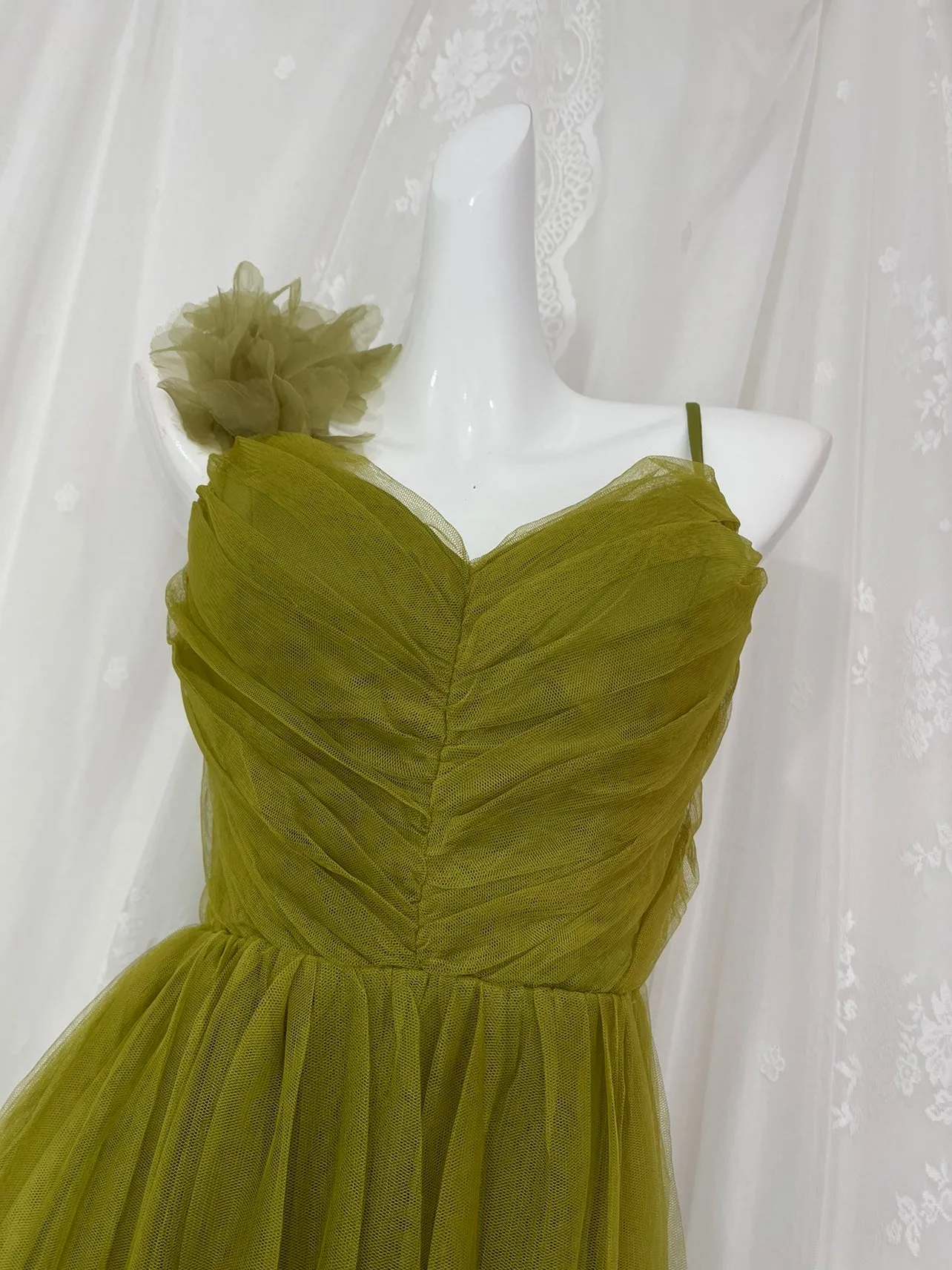 A-Line Olive Green Spaghetti Strap Tulle Long Prom Dress Sweet Birthday Evening Dress HZ1108 - Image 3