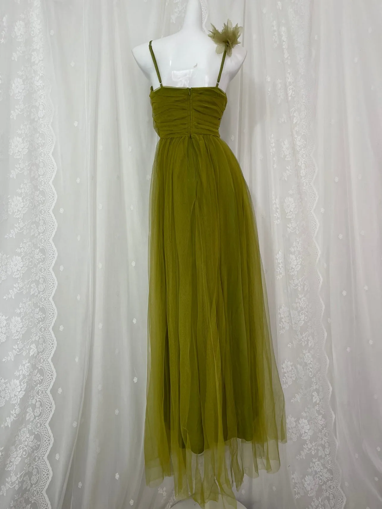 A-Line Olive Green Spaghetti Strap Tulle Long Prom Dress Sweet Birthday Evening Dress HZ1108 - Image 5