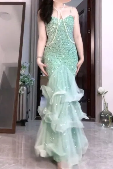 Gentle Mint Green Mermaid Spaghetti Strap Sequined Tulle Ball Dress Backless Evening Gown HZ1108