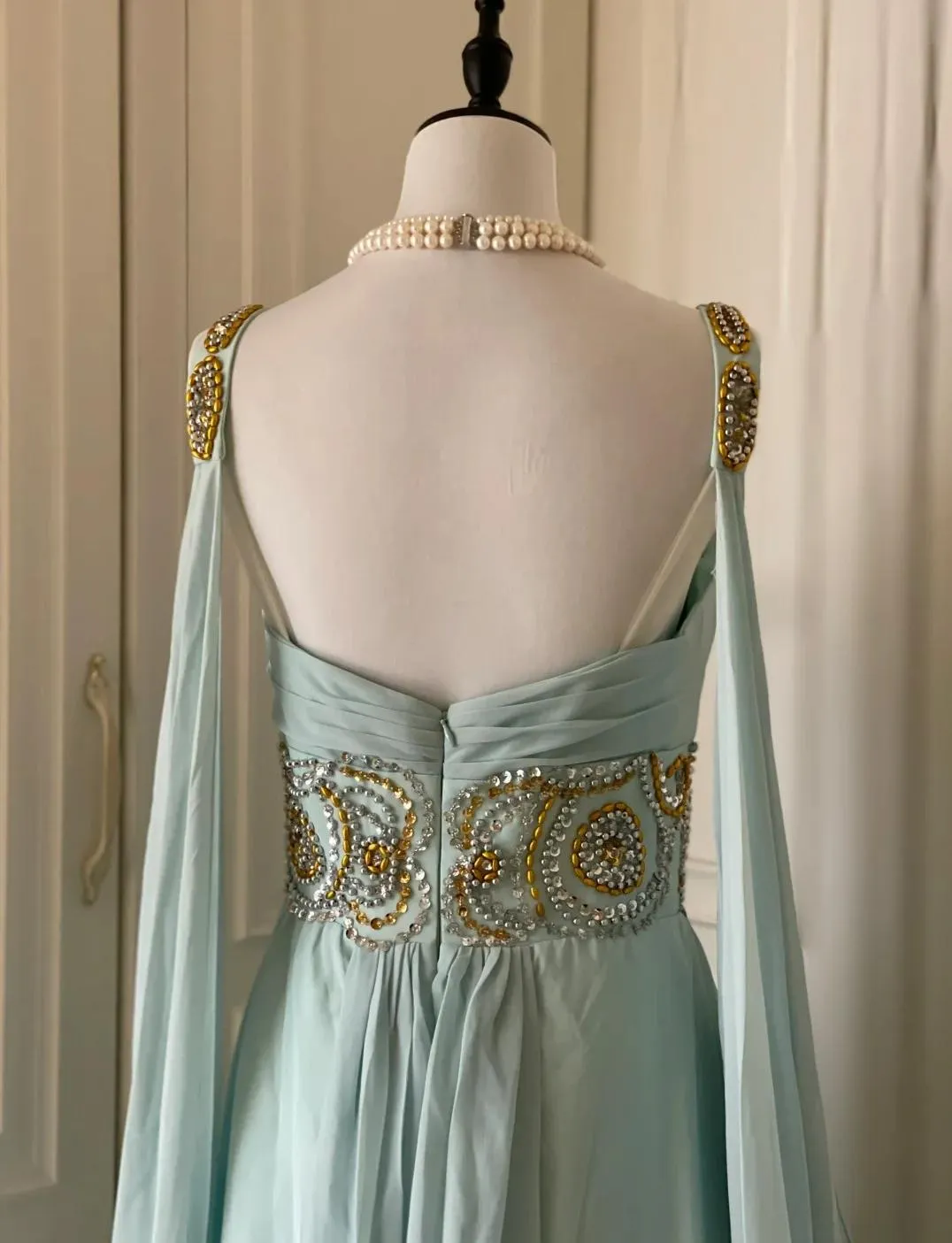 Vintage Tiffany Blue V-neck A-Line Beaded Chiffon Long Prom Dress Evening Dress Wedding Dress HZ1108 - Image 9