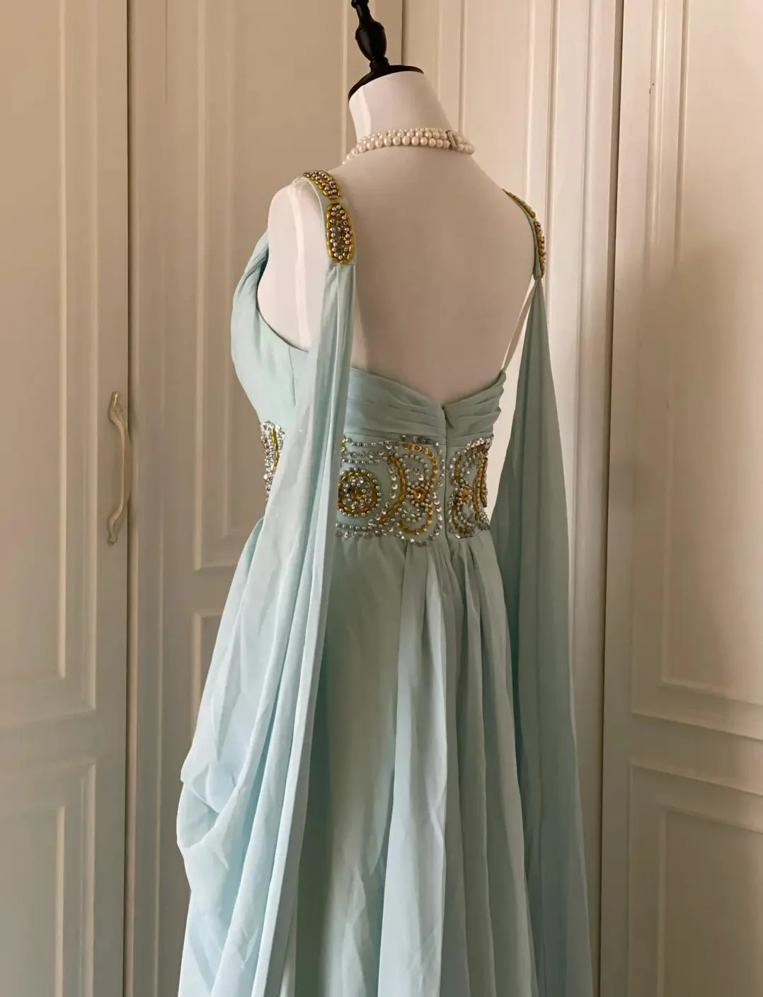 Vintage Tiffany Blue V-neck A-Line Beaded Chiffon Long Prom Dress Evening Dress Wedding Dress HZ1108 - Image 6
