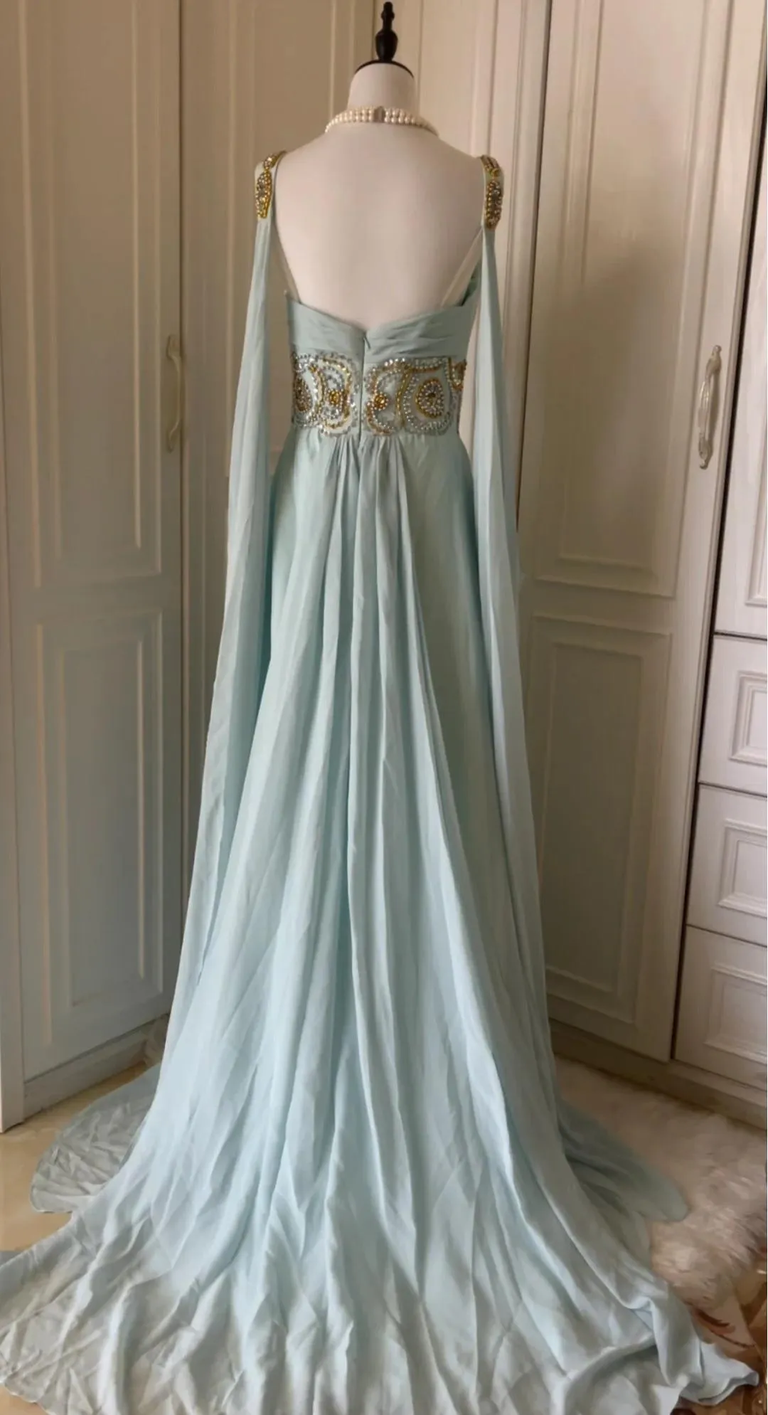 Vintage Tiffany Blue V-neck A-Line Beaded Chiffon Long Prom Dress Evening Dress Wedding Dress HZ1108 - Image 4
