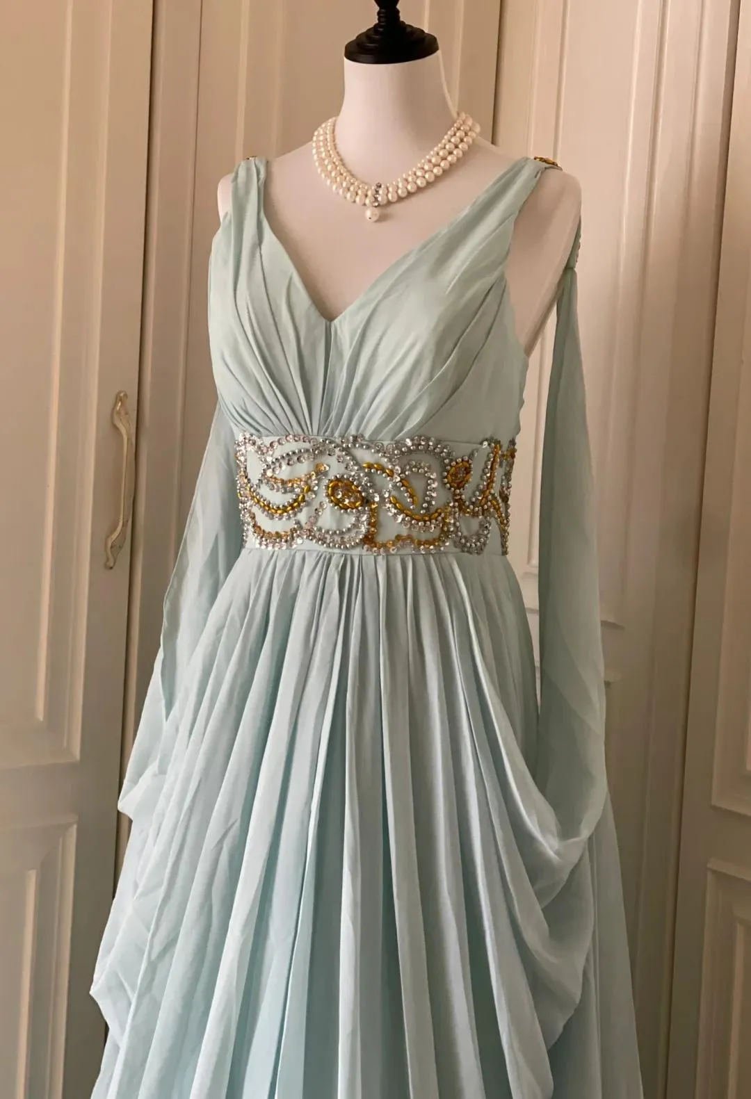 Vintage Tiffany Blue V-neck A-Line Beaded Chiffon Long Prom Dress Evening Dress Wedding Dress HZ1108 - Image 2