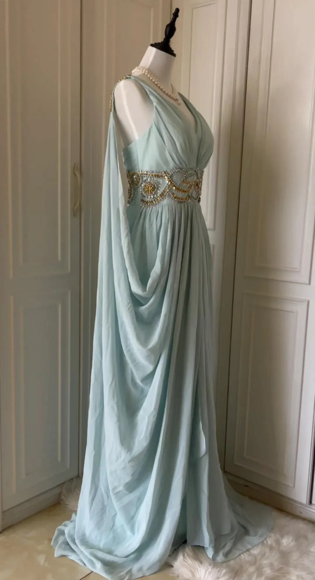 Vintage Tiffany Blue V-neck A-Line Beaded Chiffon Long Prom Dress Evening Dress Wedding Dress HZ1108 - Image 3