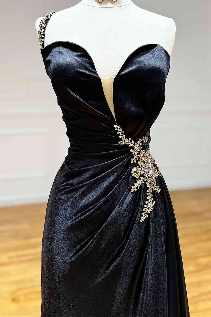 Black Rhinestone One Shoulder A Line Prom Dress with Slit HZ1108 - Image 2