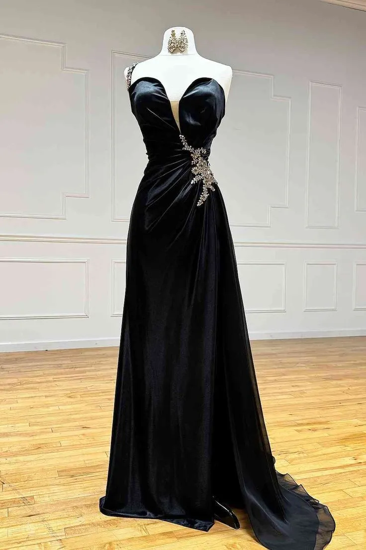 Black Rhinestone One Shoulder A Line Prom Dress with Slit HZ1108