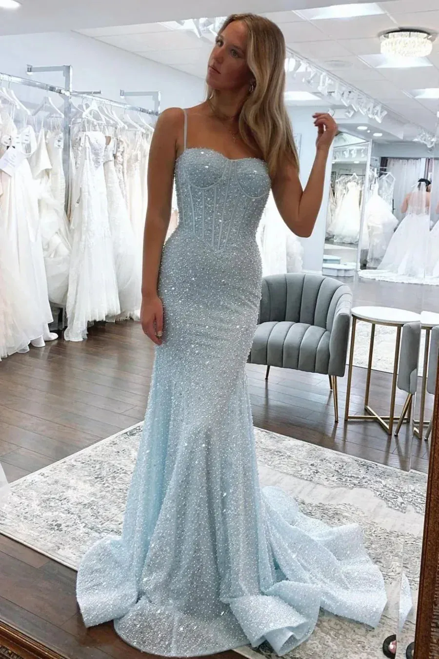 Sweetheart Spaghetti Straps Long Mermaid Sequins Party Prom Dress HZ1108