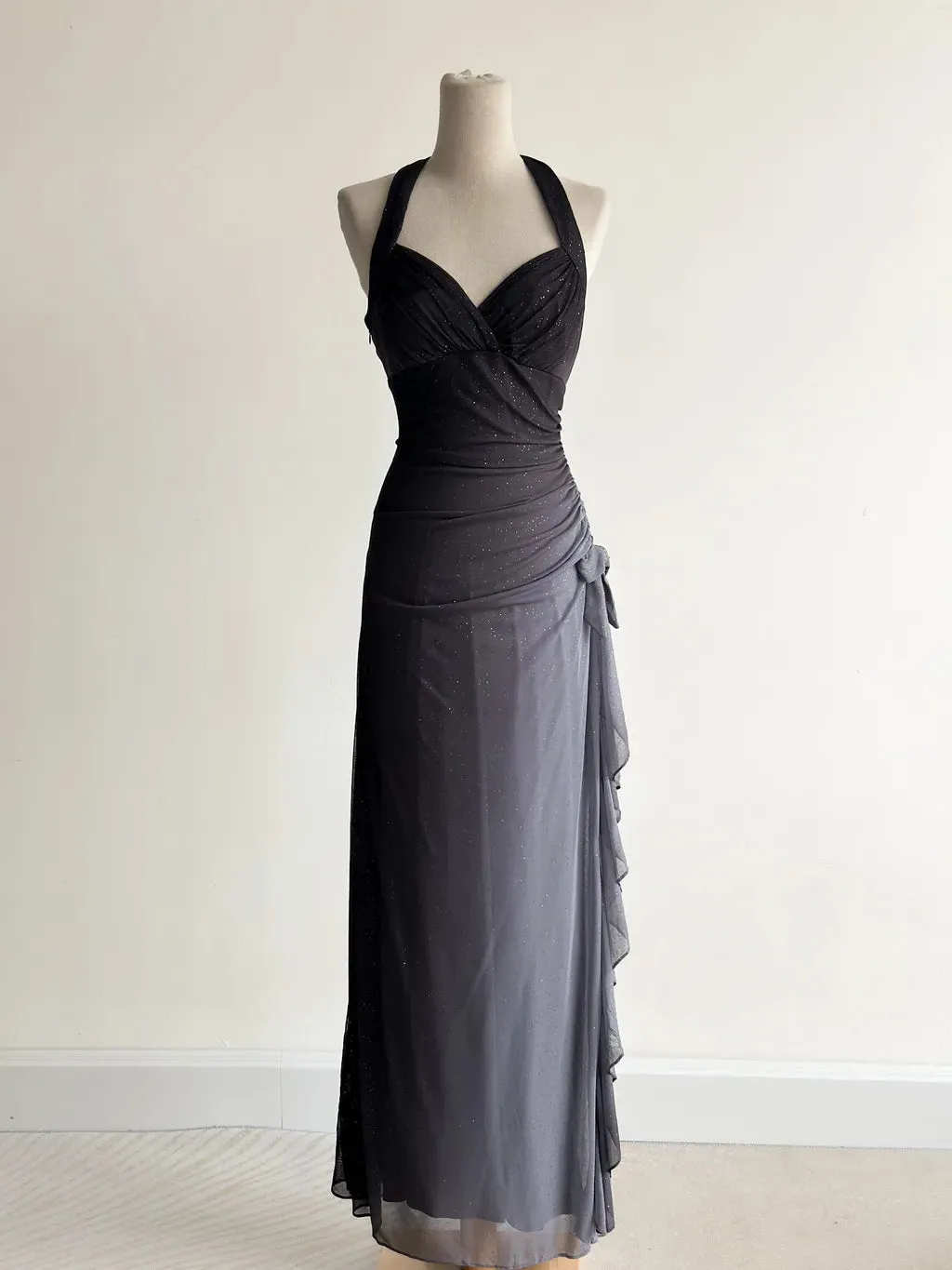 Sparkling Gradient Dark Gray Halter Neck Ruffle Sheath Prom Dress Birthday Dress HZ1108