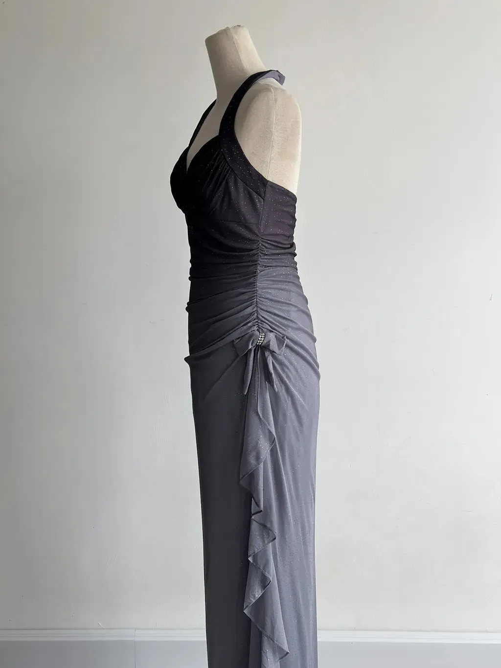 Sparkling Gradient Dark Gray Halter Neck Ruffle Sheath Prom Dress Birthday Dress HZ1108 - Image 4