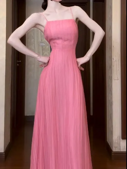 Cute Pink A-Line Chiffon Spaghetti Strap Backless Long Prom Dress Party Dress HZ1108