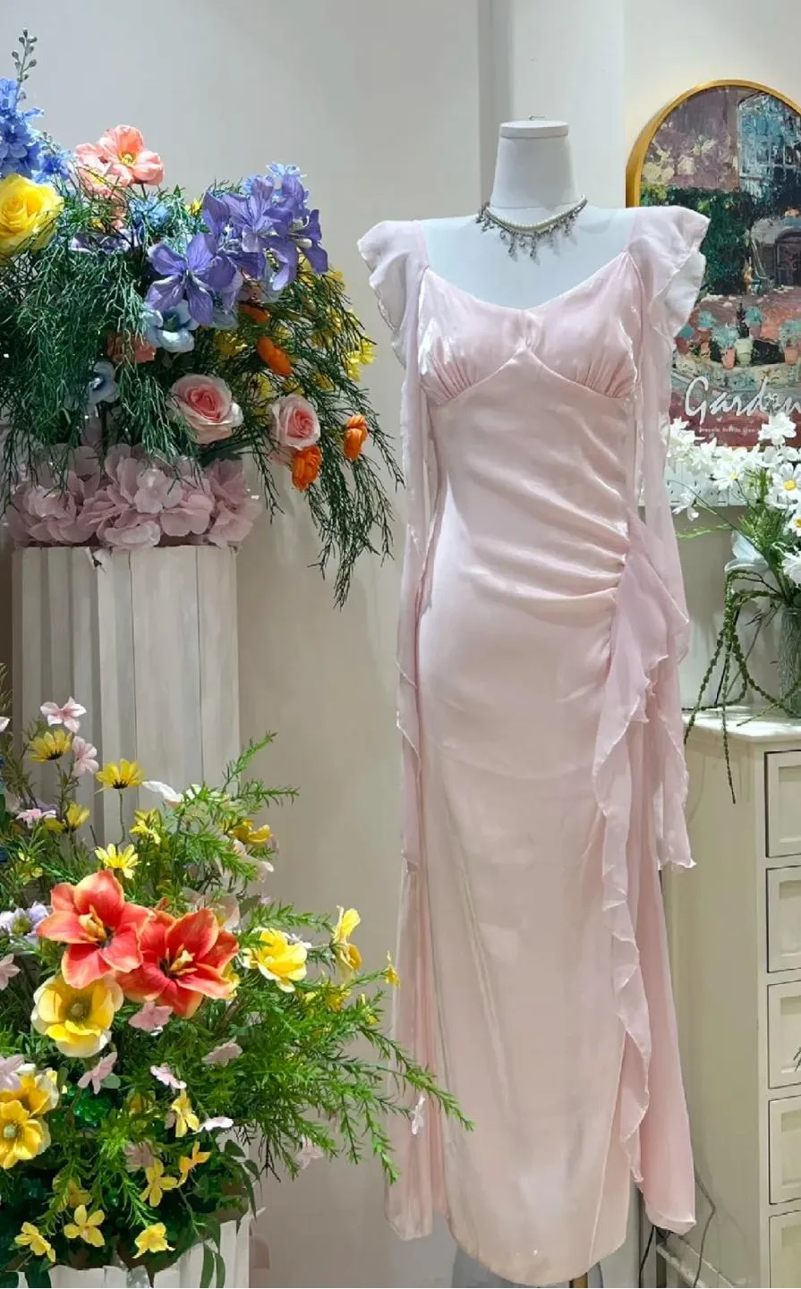 Gentle Pink Ruffled Bodycon Dress Chiffon V-Neck Ball Dress Birthday Dress HZ1108