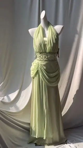 Retro Light Green V-neck Chiffon Beaded Sequins Floor-length Prom Dress Beautiful Birthday Evening Dress HZ1108