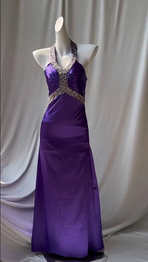 Charming Purple Halter Satin Sheath Beaded Sequins Backless Prom Dress Temperament Evening Dress HZ1108