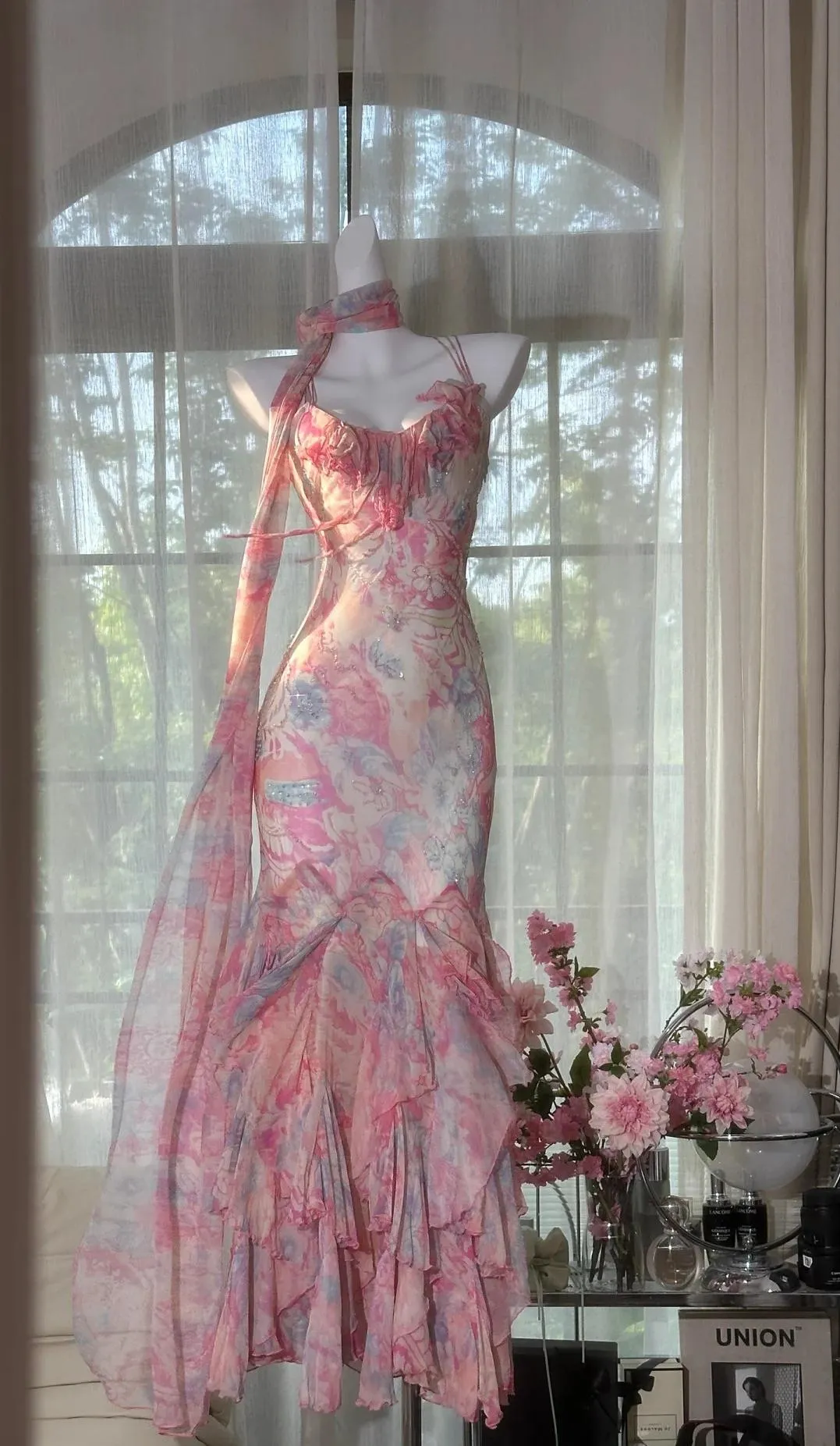 Fairytale Pink Spaghetti Straps Printed Chiffon Mermaid Prom Dresses Vintage Backless Evening Gowns HZ1108