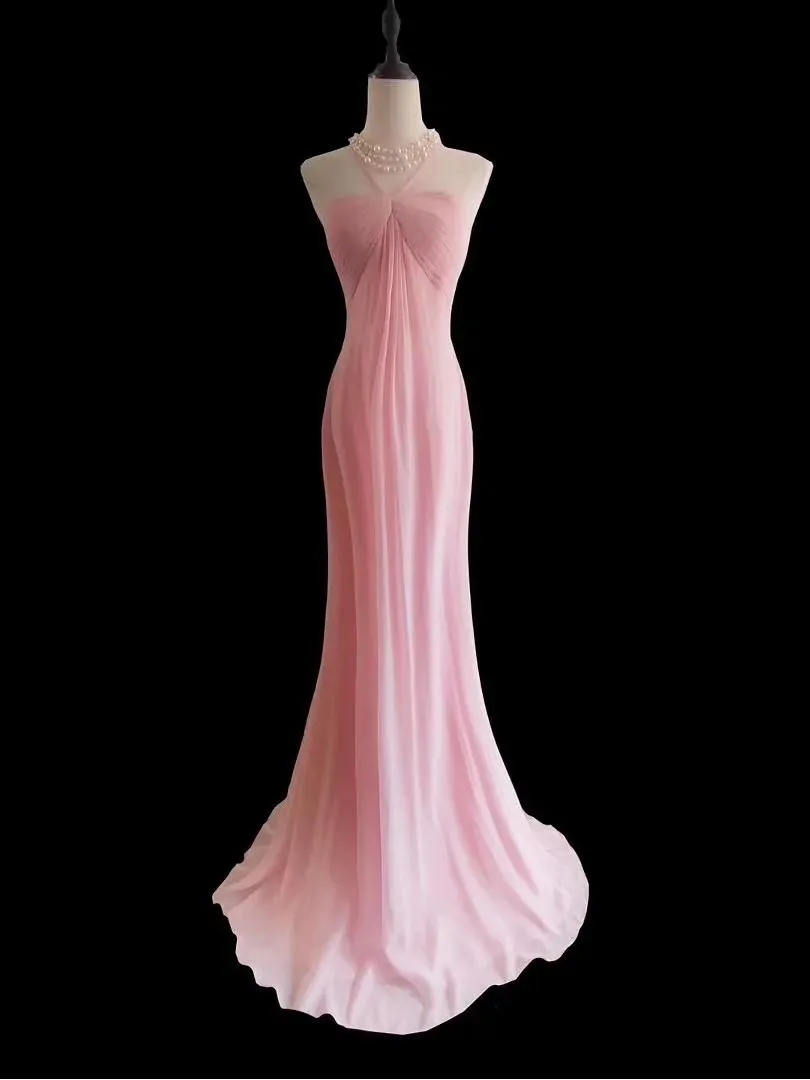 Sweet Pink Halter Neck Chiffon Mermaid Long Prom Dresses Formal Evening Gowns HZ1108
