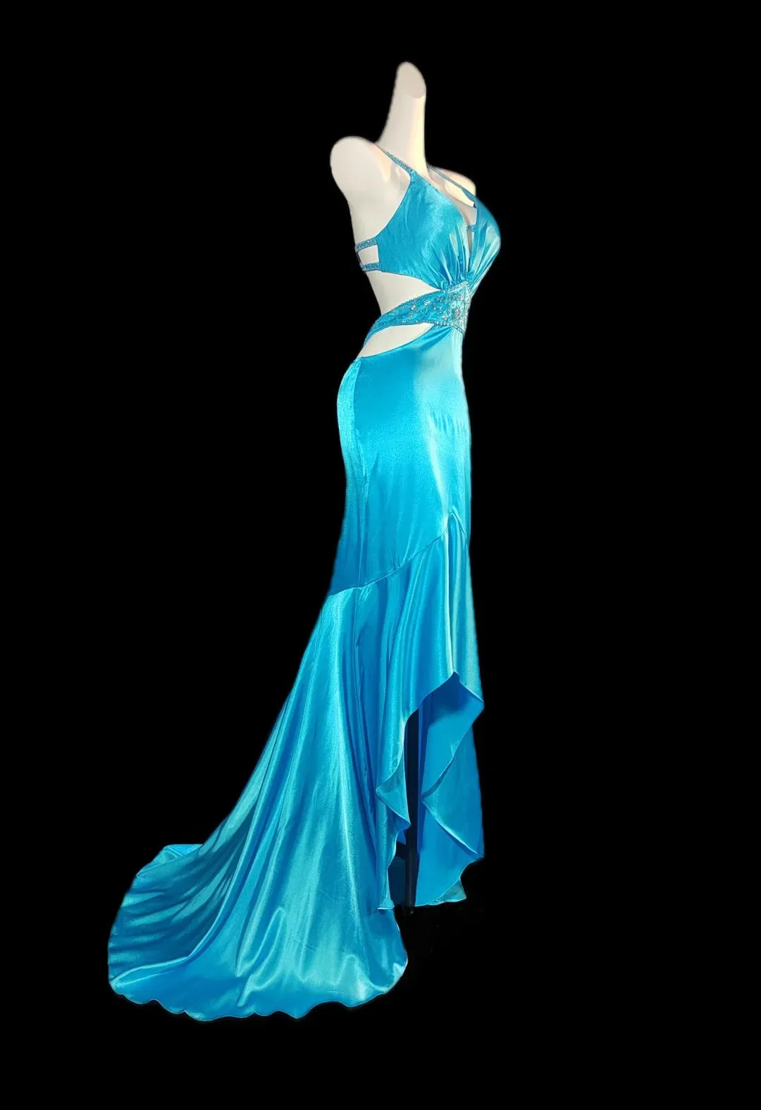 Vintage Blue Spaghetti Straps Hi-Lo Backless Satin Beaded Prom Dresses Elegant Evening Dress HZ1108 - Image 3