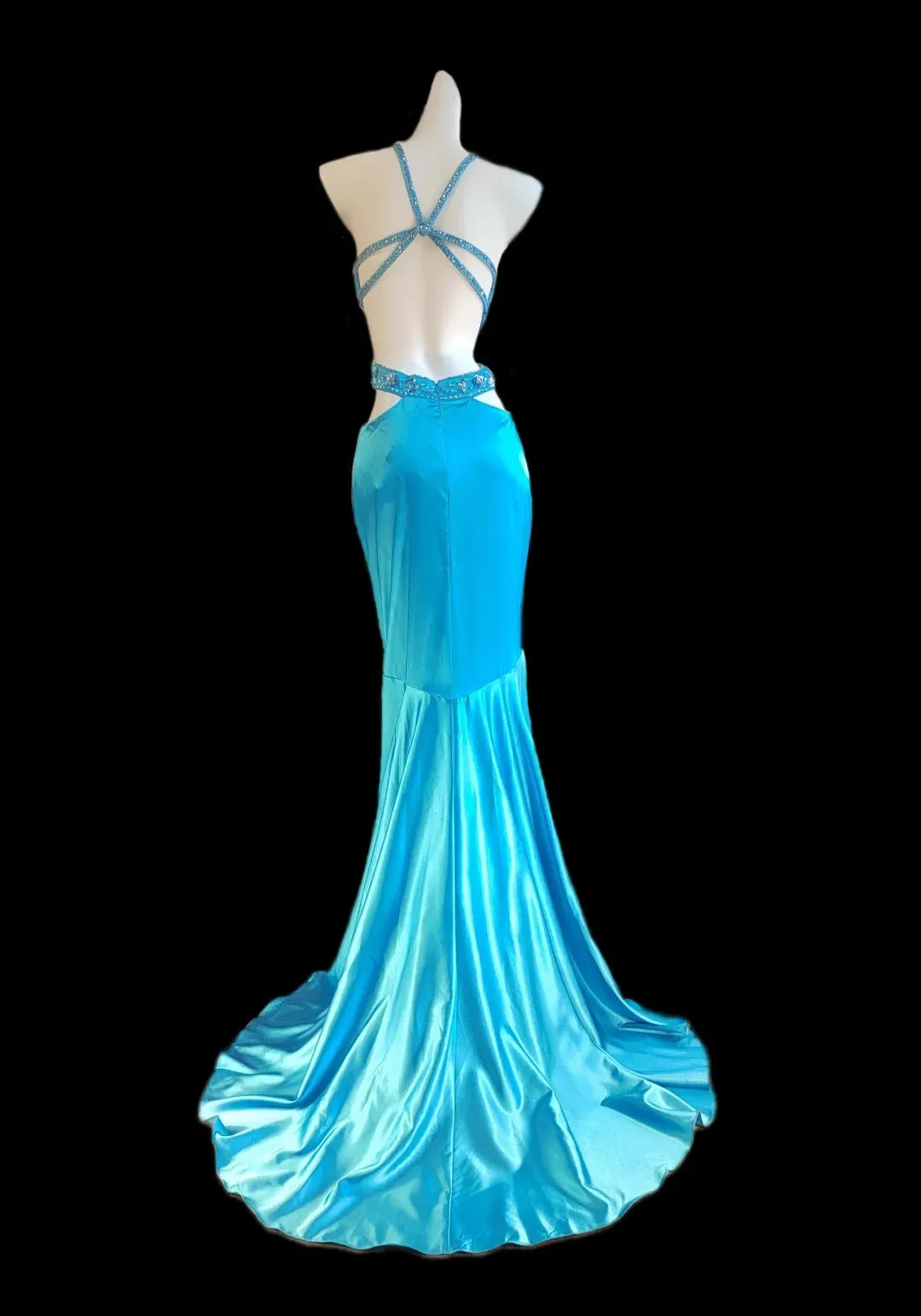 Vintage Blue Spaghetti Straps Hi-Lo Backless Satin Beaded Prom Dresses Elegant Evening Dress HZ1108 - Image 4