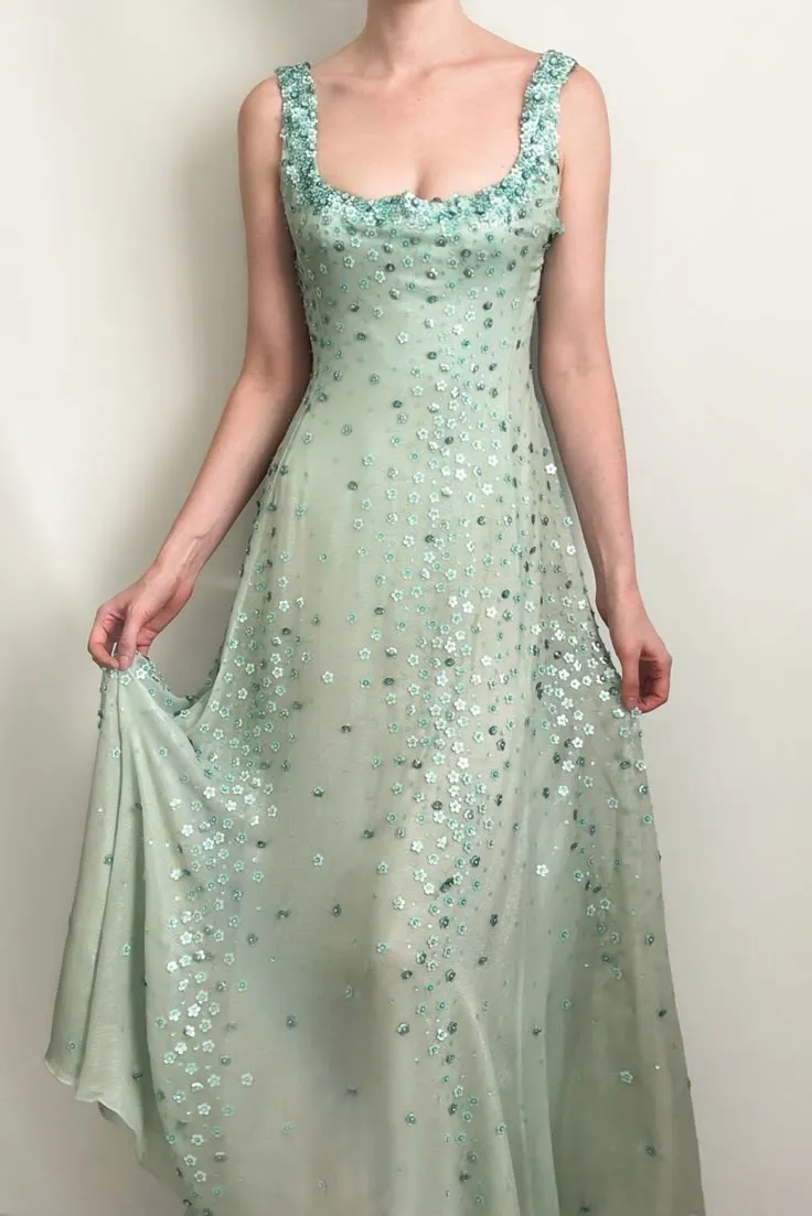 Fairytale Green Beaded Spaghetti Straps Chiffon A-Line Long Prom Dresses Sweet Evening Gowns HZ1108