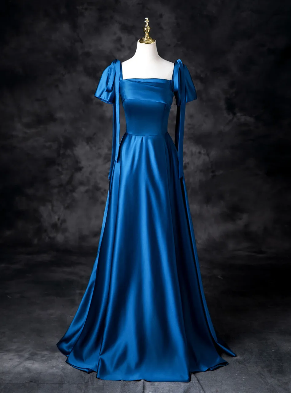 Sweet Blue Satin Square Neck A-Line Long Prom Dresses Formal Evening Gowns HZ1108