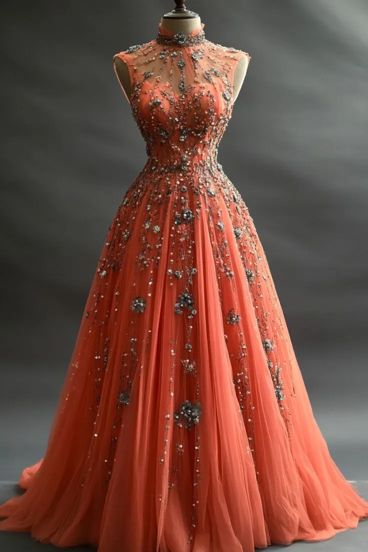 Gorgeous Deep Peach Half-Mount Neck Tulle Rhinestone A-Line Long Prom Dresses Formal Wedding Dress HZ1108