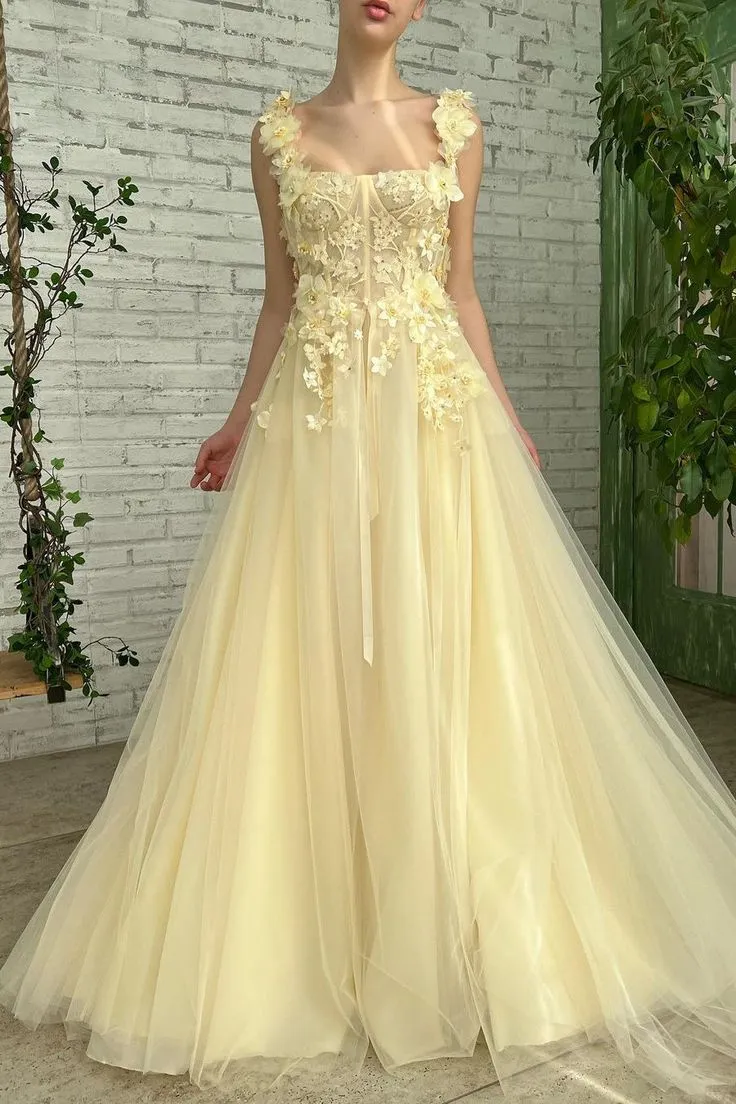 Cute Butter Yellow Square Neck Tulle Applique A-Line Long Prom Dresses Formal Evening Gowns HZ1108