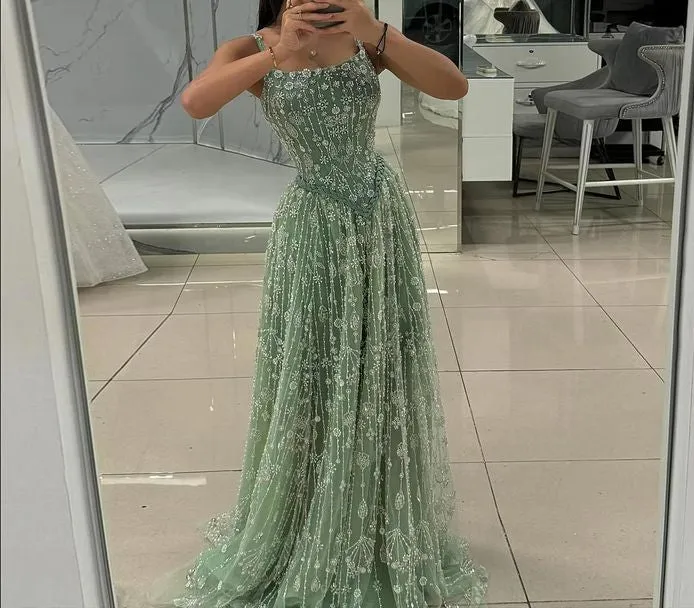Gorgeous Green Tulle Beading Square Neck A-Line Long Prom Dresses Sweet 16 Evening Gowns HZ1108