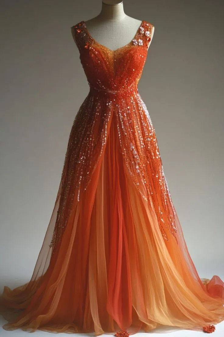 Stunning Orange V-Neck Tulle A-Line Sequins Long Prom Dresses Unique Evening Gowns HZ1108