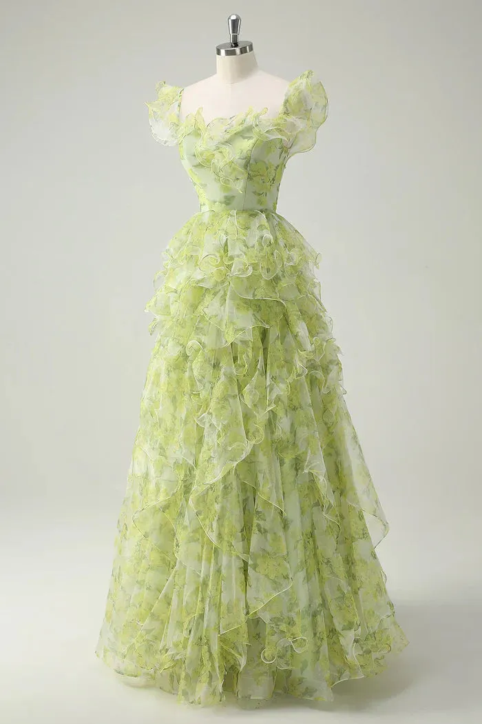 Princess-like Light Sage Green Square Neck Printed Chiffon A-Line Long Prom Dresses Birthday Evening Gowns HZ1108