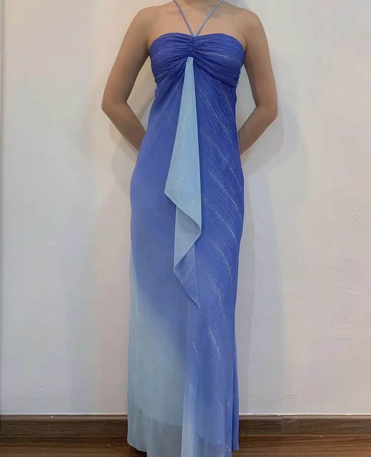 Vintage Gradient Blue Halter Neck Sheath Long Prom Dresses Elegant Party Dress HZ1108