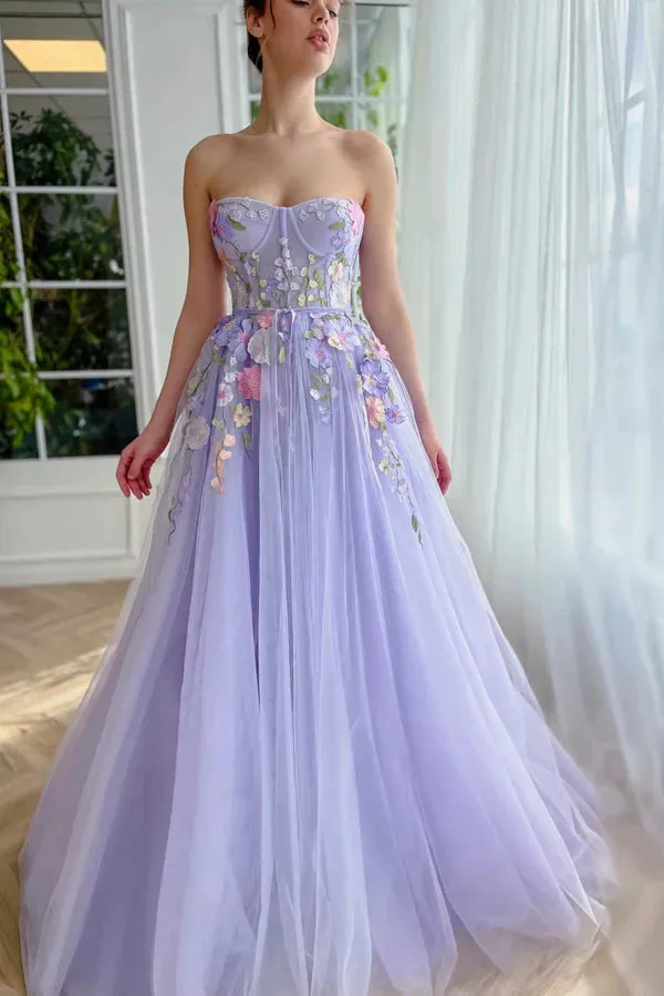 Fairytale Purple Strapless Applique Tulle A-Line Long Prom Dresses Formal Evening Gowns HZ1108