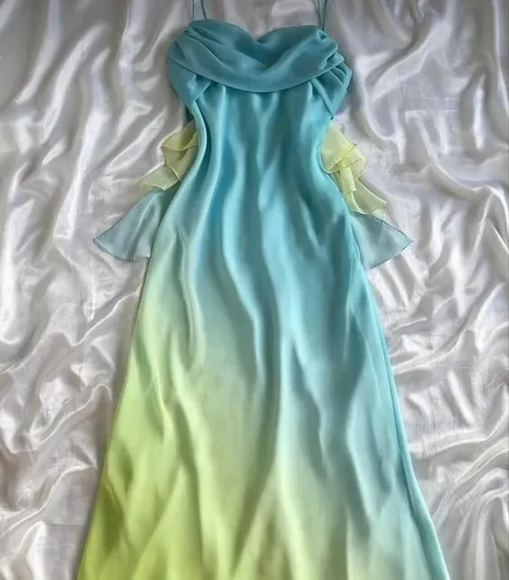 Gradient Pink Sheath Spaghetti Straps Fairytale Chiffon Long Prom Dresses Vintage Party Dress HZ1108 - Image 7