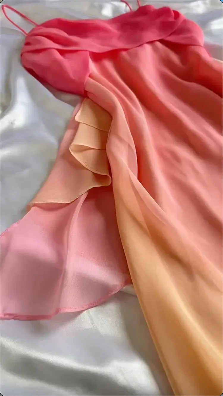 Gradient Pink Sheath Spaghetti Straps Fairytale Chiffon Long Prom Dresses Vintage Party Dress HZ1108 - Image 4