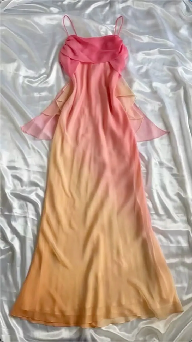 Gradient Pink Sheath Spaghetti Straps Fairytale Chiffon Long Prom Dresses Vintage Party Dress HZ1108