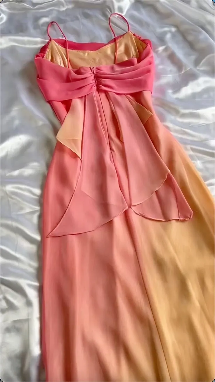 Gradient Pink Sheath Spaghetti Straps Fairytale Chiffon Long Prom Dresses Vintage Party Dress HZ1108 - Image 2