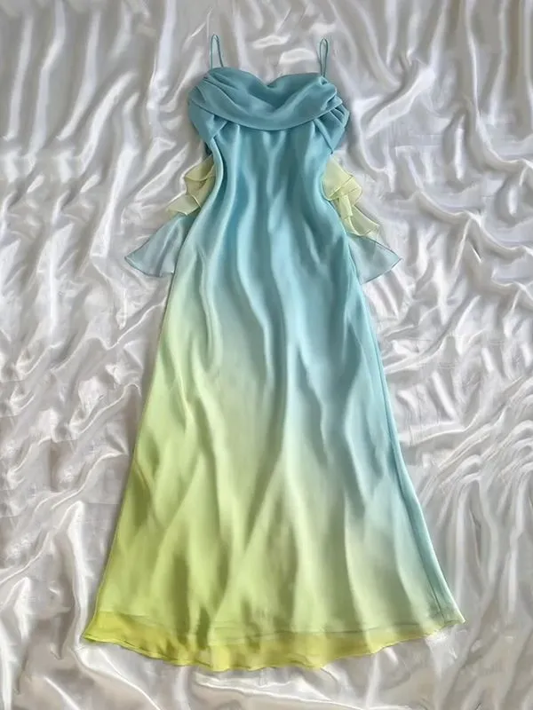 Gradient Pink Sheath Spaghetti Straps Fairytale Chiffon Long Prom Dresses Vintage Party Dress HZ1108 - Image 5