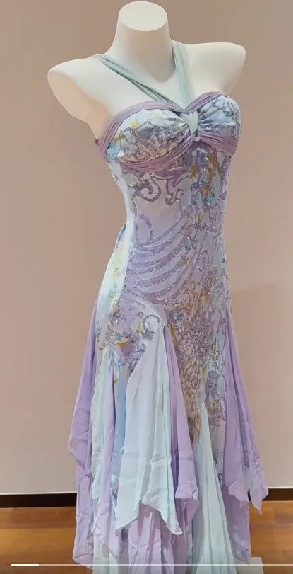 Exotic Vintage Purple Halter Chiffon A-Line Beaded Prom Dresses Unique Evening Gowns HZ1108